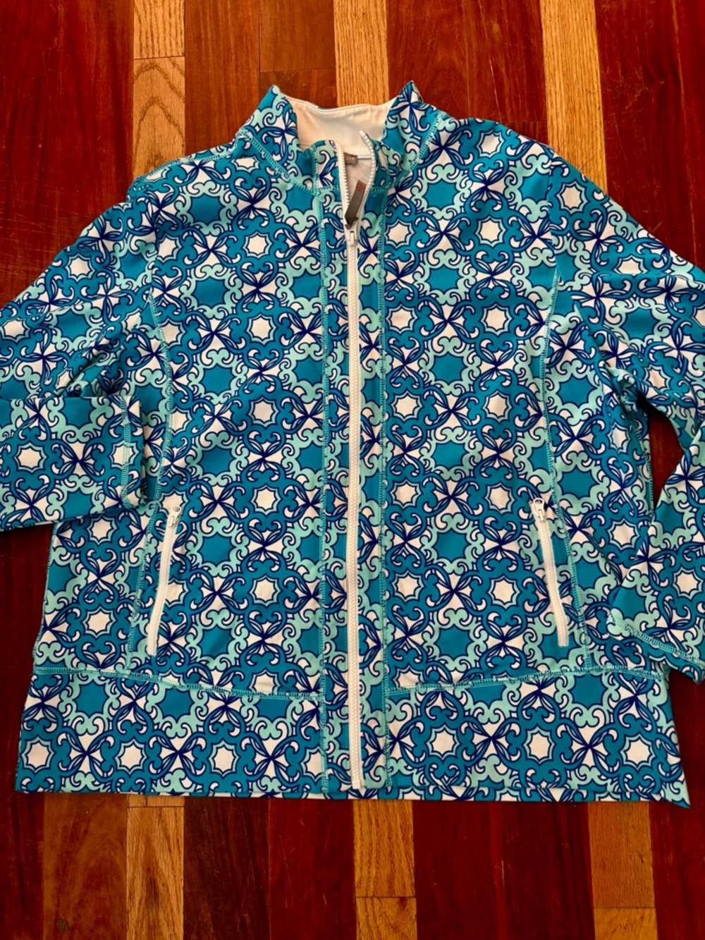 T by Talbots Blue and Aqua Patterned Full Zip Jacket 2X